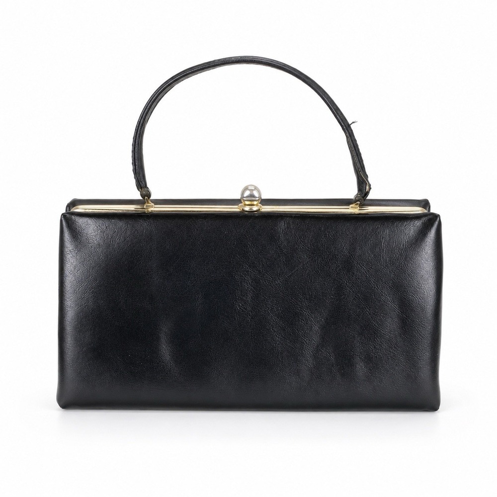 Vintage Black Faux Leather Frame Handbag Top Handle Purse Kiss Lock Gold Tone